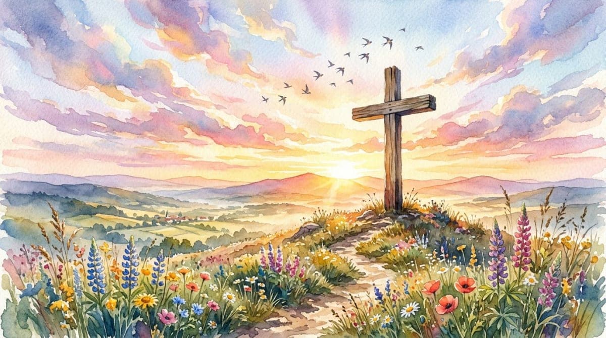 Watercolor of a wooden cross on a hilltop at sunrise with wildflowers and golden clouds