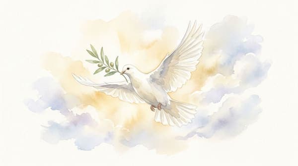 Watercolor of a white dove carrying an olive branch through golden light