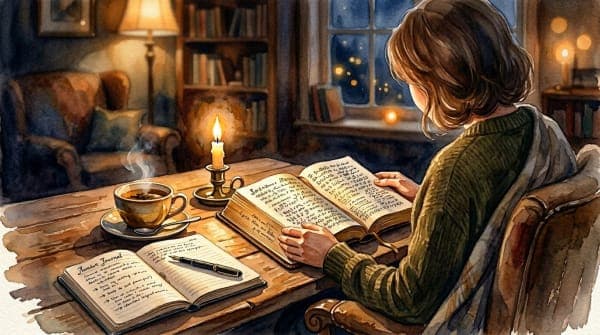 Watercolor of a cozy candlelit Bible reading scene with tea and journal