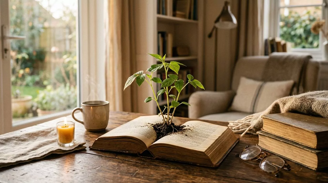 Plant growing from book symbolizing wisdom and growth