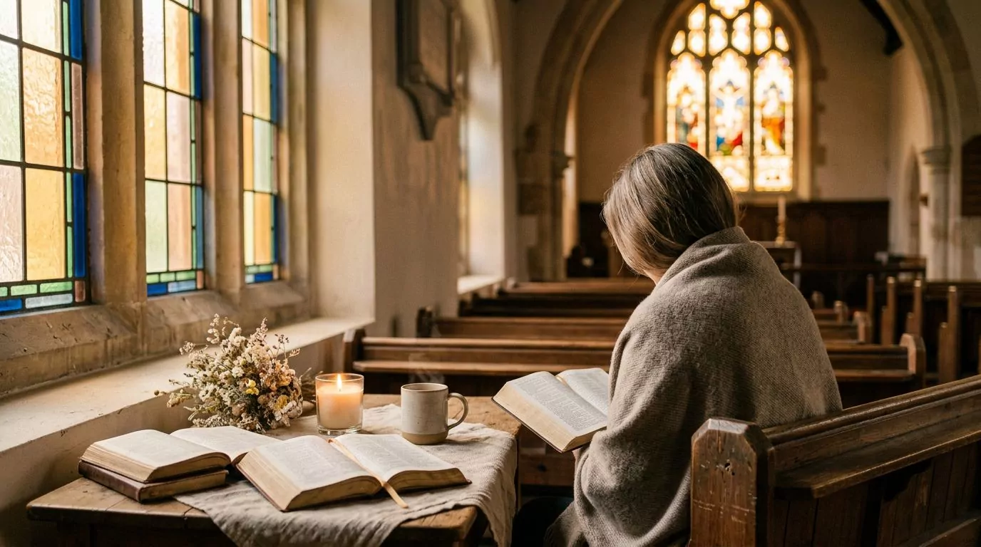 Peaceful church interior with stained glass windows, person in reflection and faith