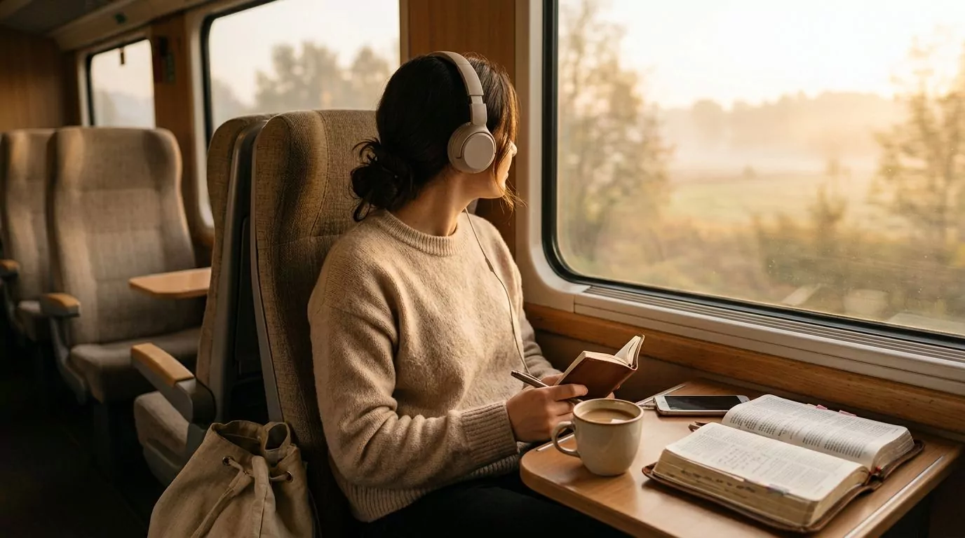 Person listening to Bible podcast during commute