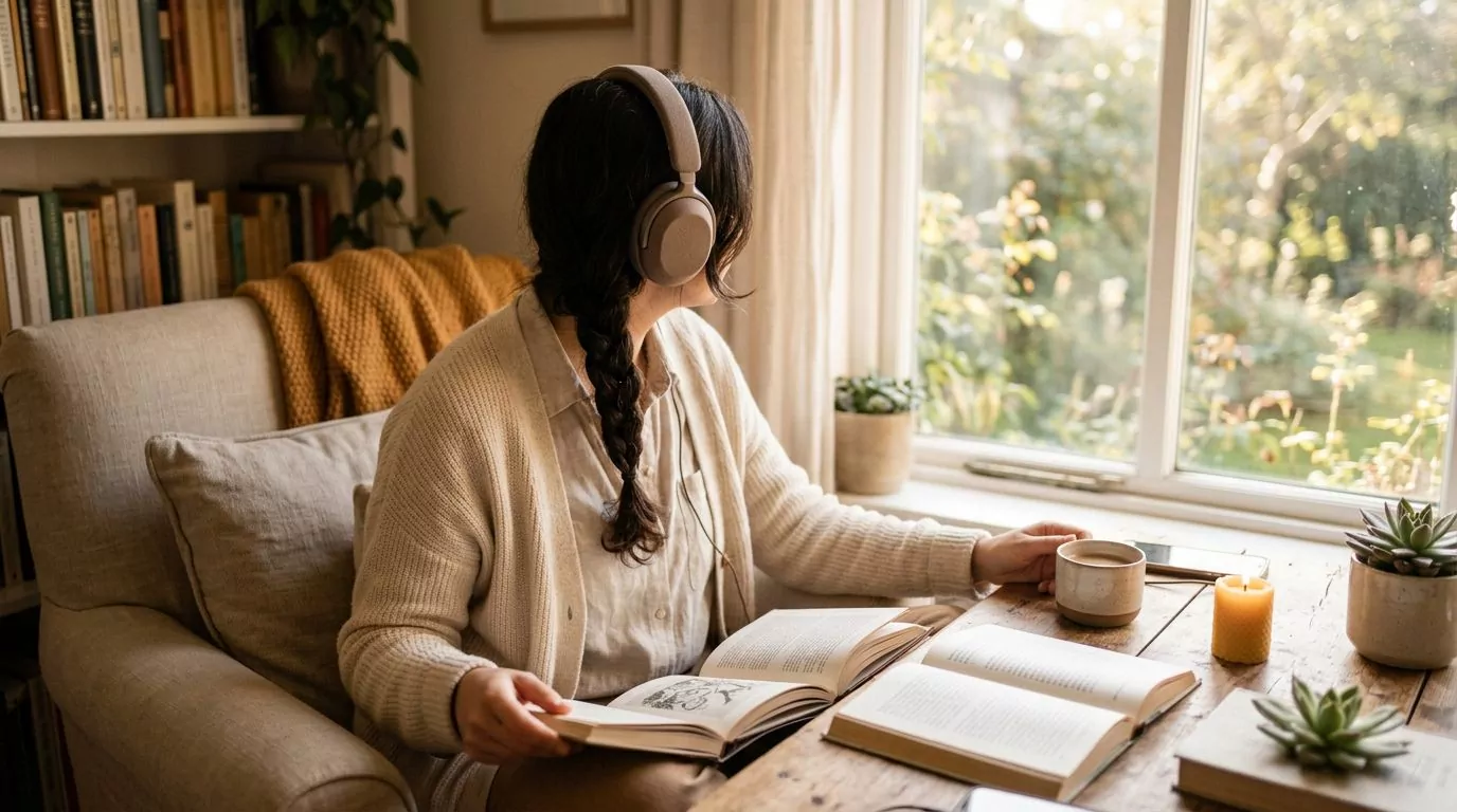 Person listening to audio with headphones in peaceful setting