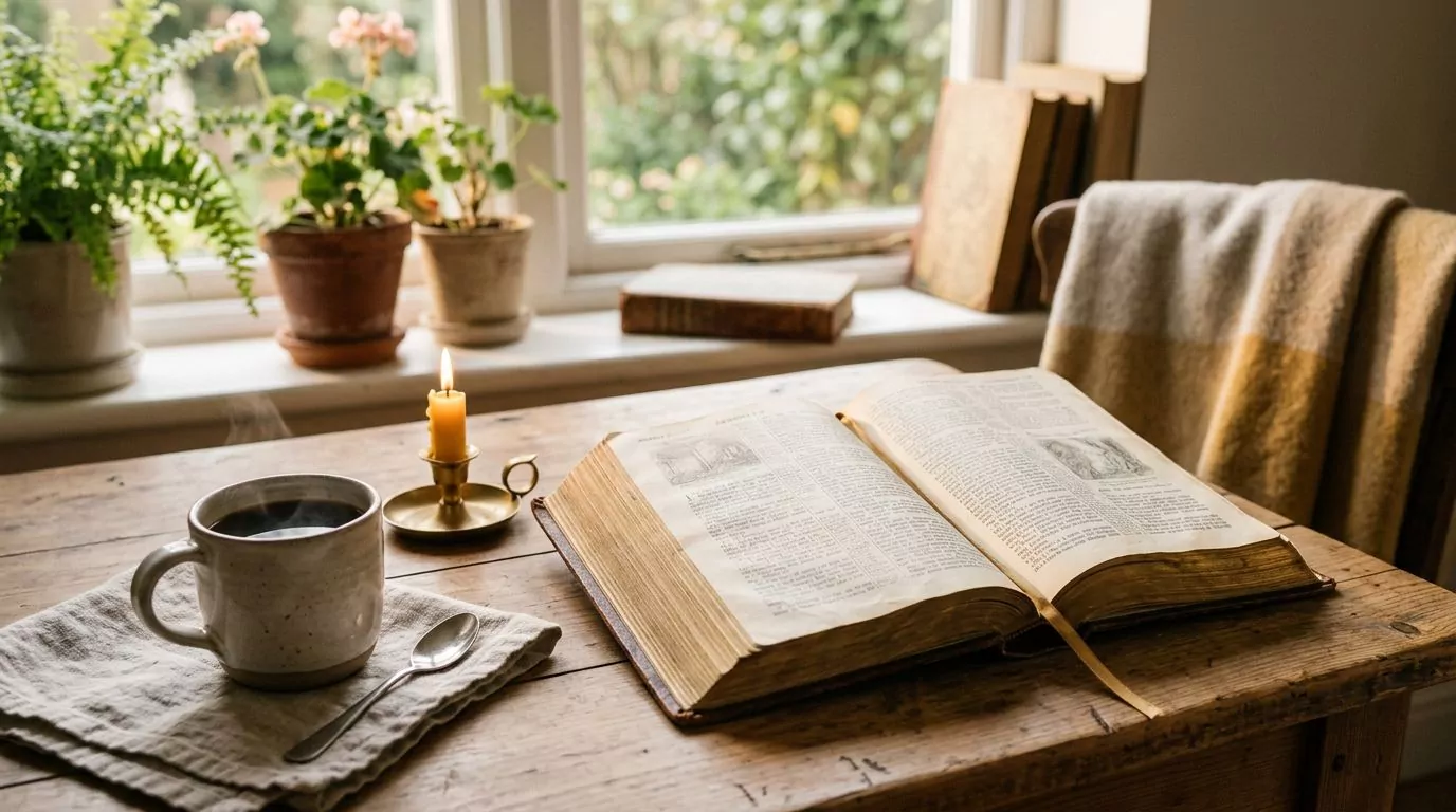 A warm scene of an open Bible on a table with morning light