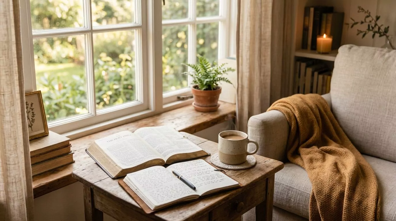 A cozy reading nook with an open Bible and journal, warm morning light streaming in