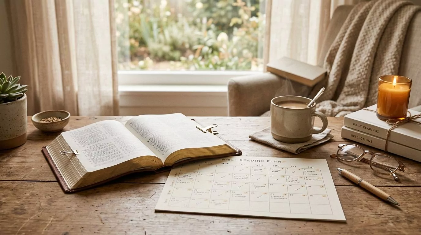 Bible with reading plan calendar on organized desk