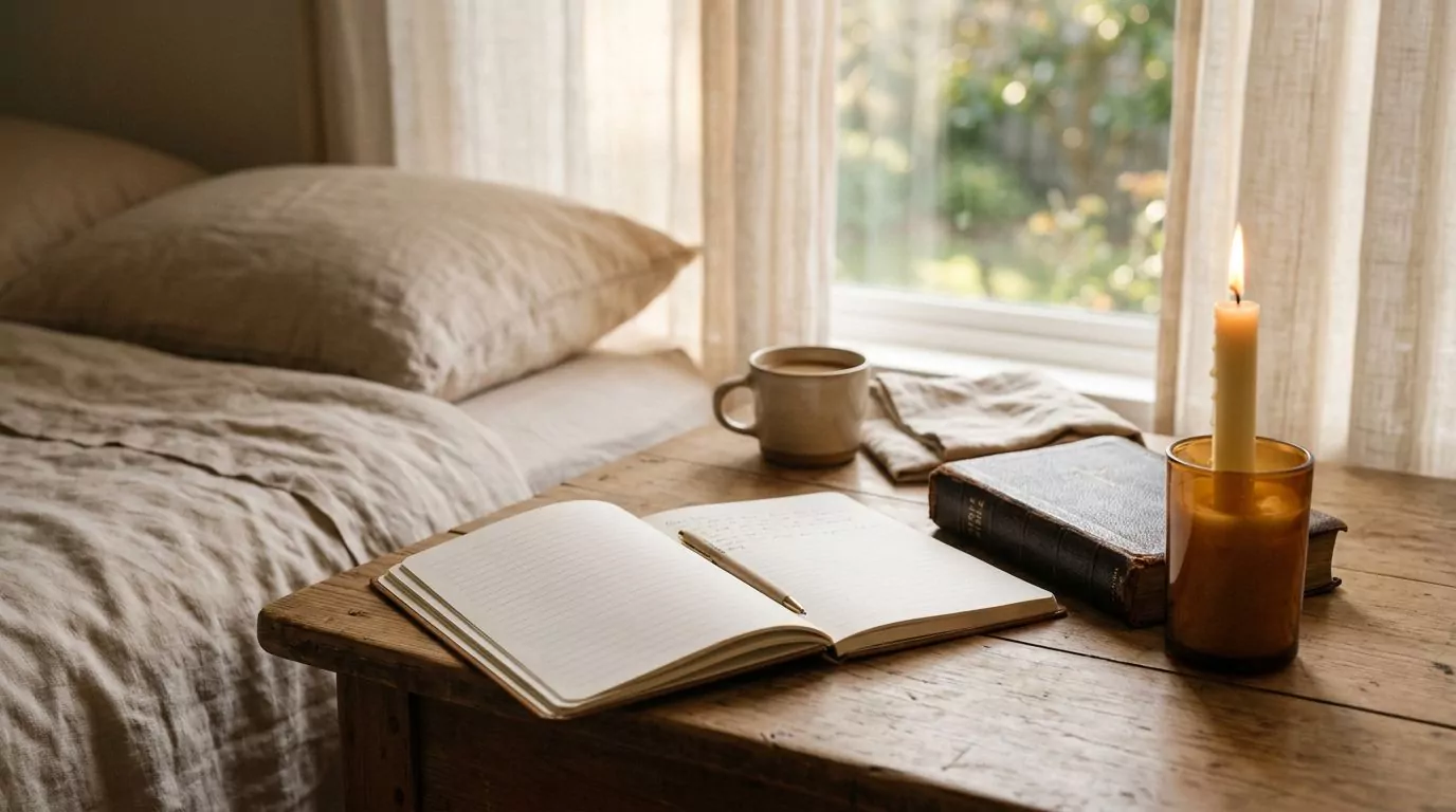 Journal on a nightstand next to a Bible and candle