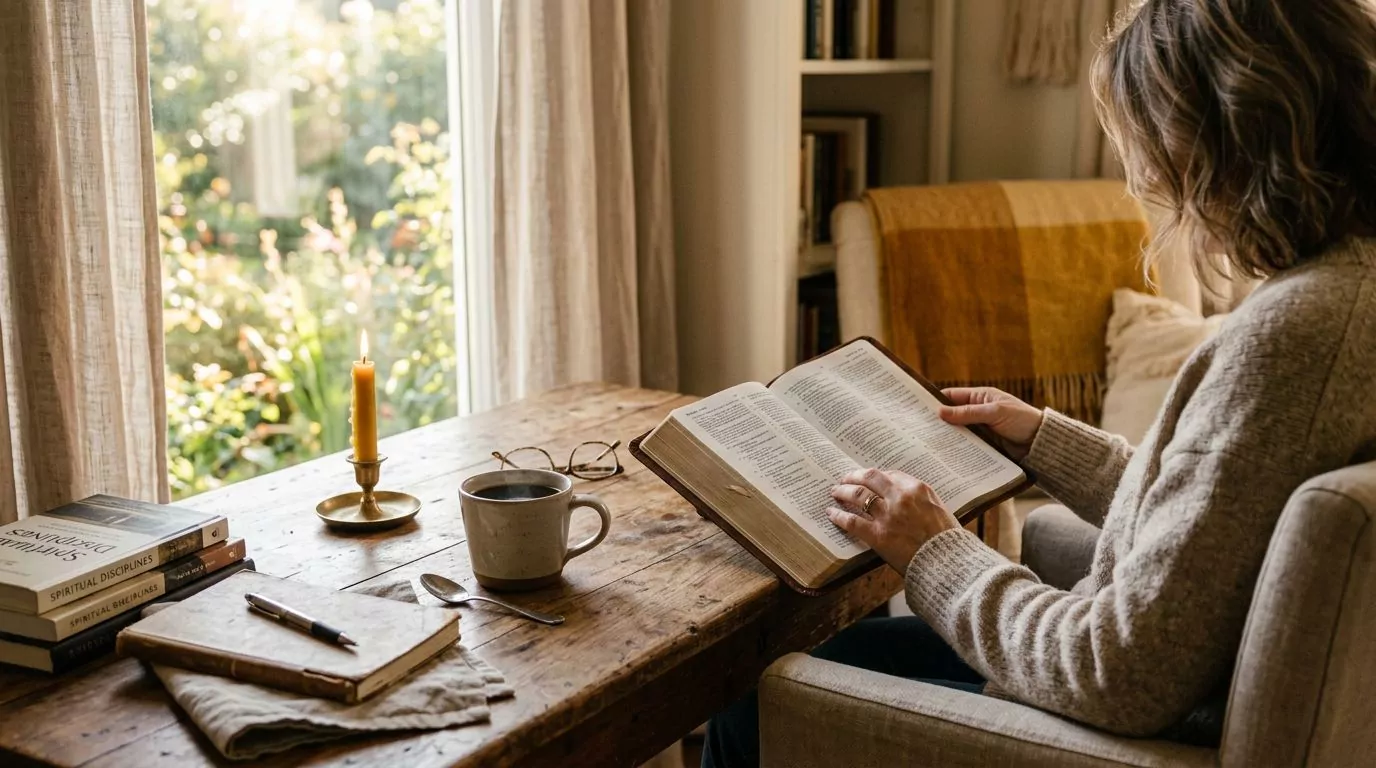 Person reading Bible with morning coffee in warm, cozy setting
