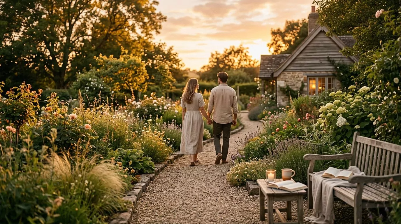 A couple walking together on a peaceful garden path at sunset