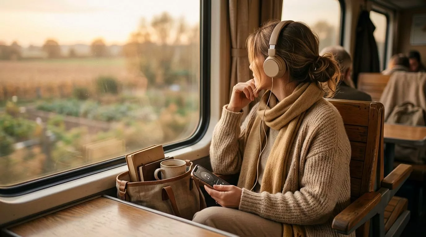 Person commuting while listening to audio on phone