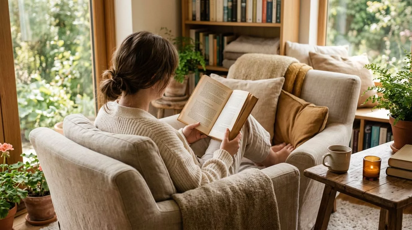 A person reading comfortably in a cozy armchair