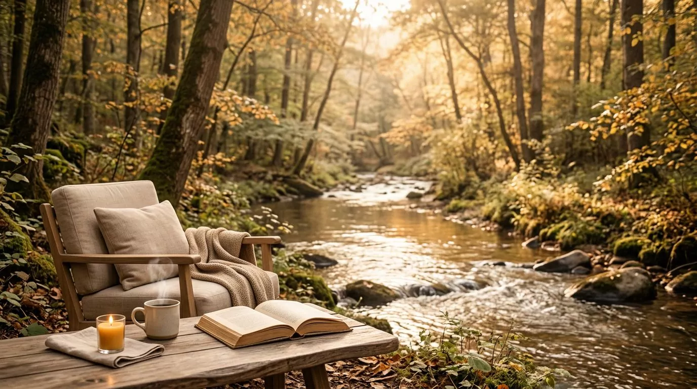 Calming nature scene with gentle flowing stream and peaceful forest representing God's peace