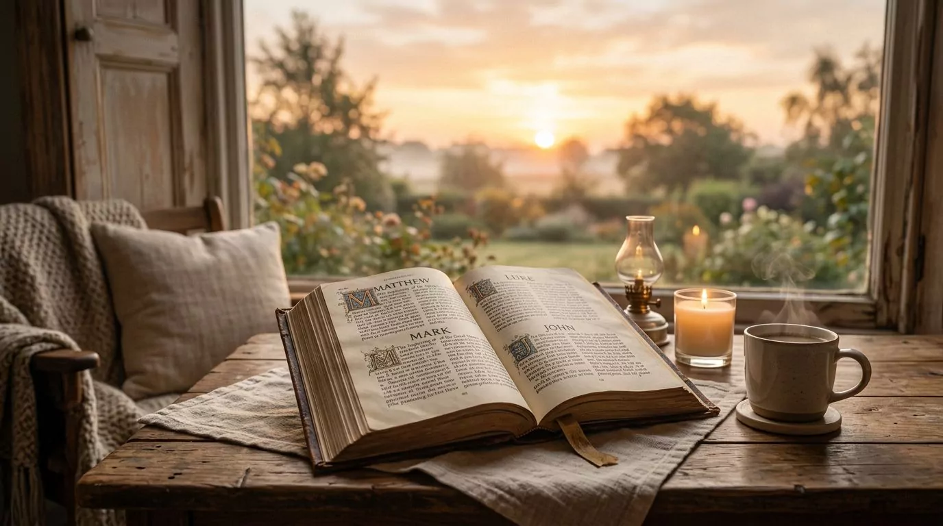 Open Bible showing the Gospels with a sunrise in the background