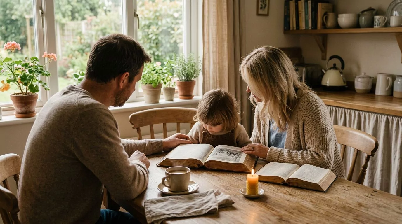 A family reading the Bible together at a kitchen table