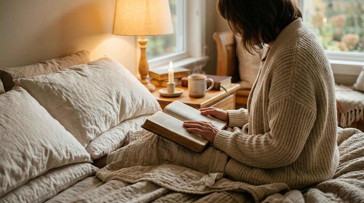 Person reading Bible peacefully in bed with warm lamp light