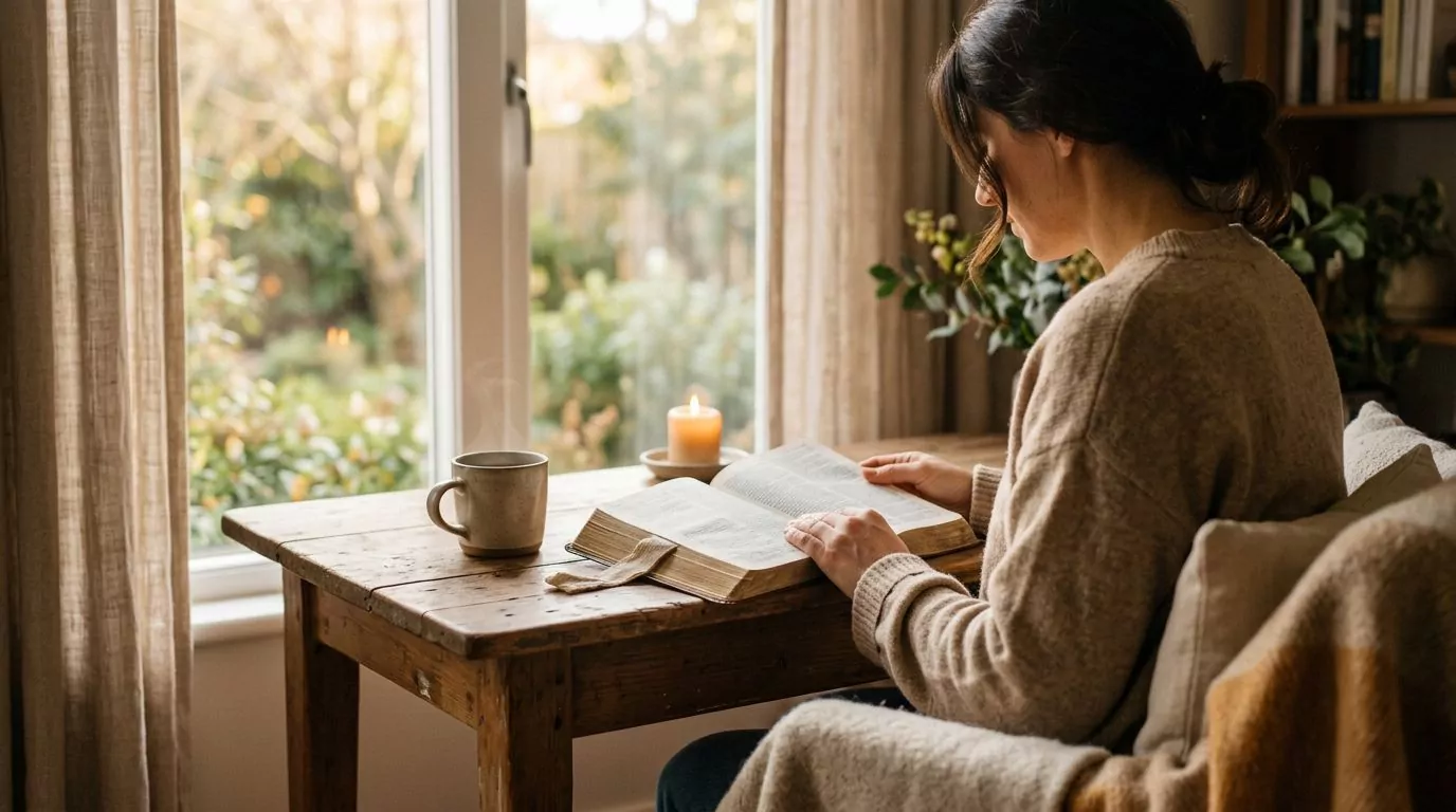 Person reading Bible in peaceful morning light, representing patience and waiting on God