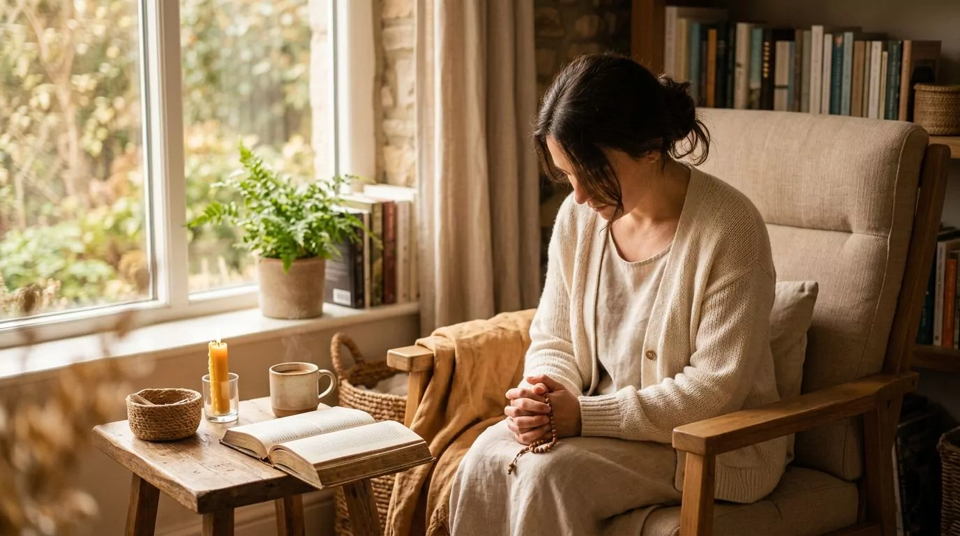 A peaceful person praying in a comfortable chair with soft natural lighting