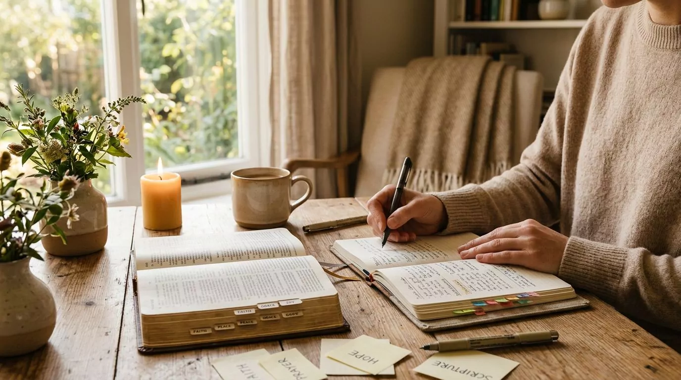 A person journaling with a Bible, organizing notes by theme