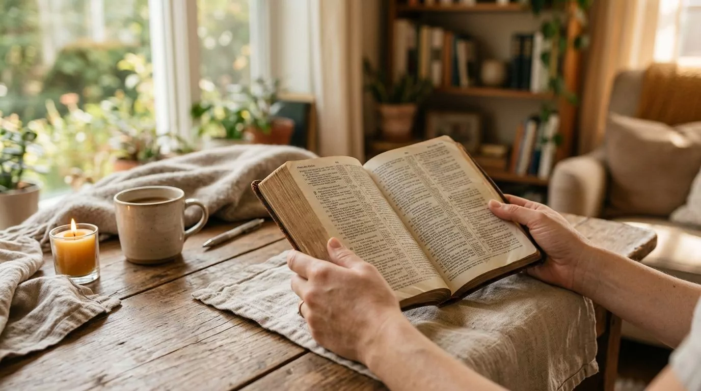 Hands holding an open Bible during quiet devotional time