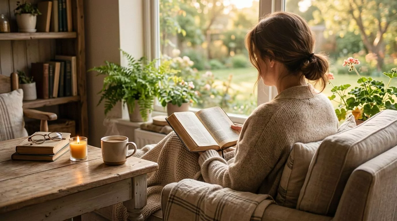 Person peacefully reading Bible in cozy morning setting