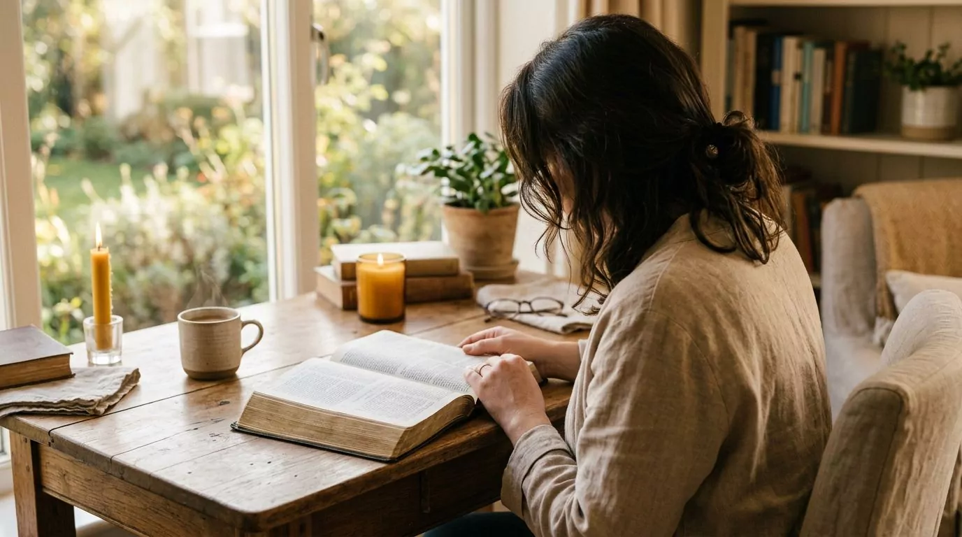 A person reading an NIV Bible at a cozy desk with warm morning light
