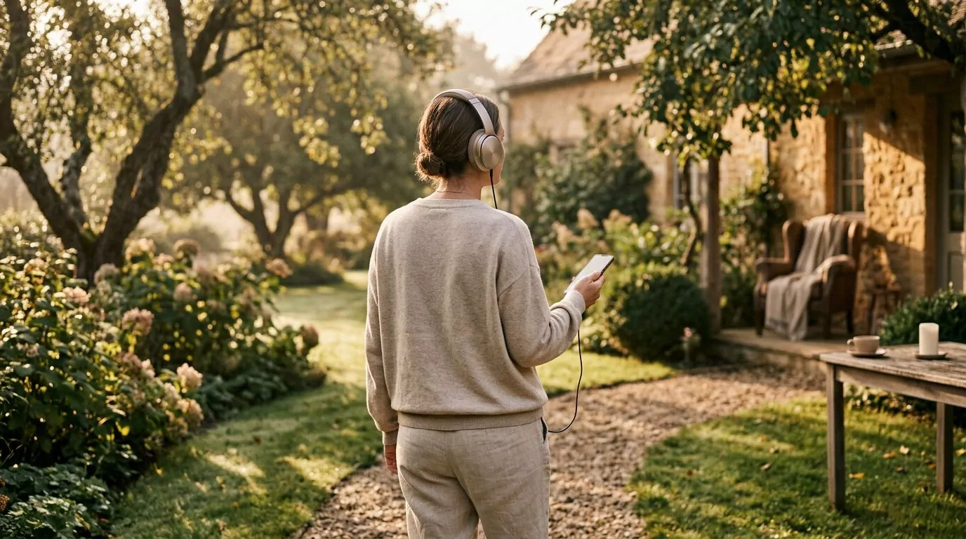 Person listening to audio Bible with headphones during peaceful morning walk