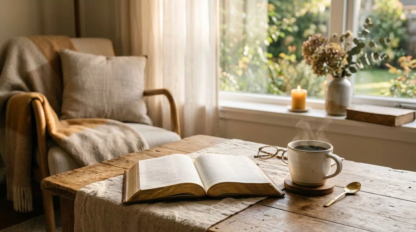 Open Bible on coffee table with a warm cup of coffee in peaceful morning light