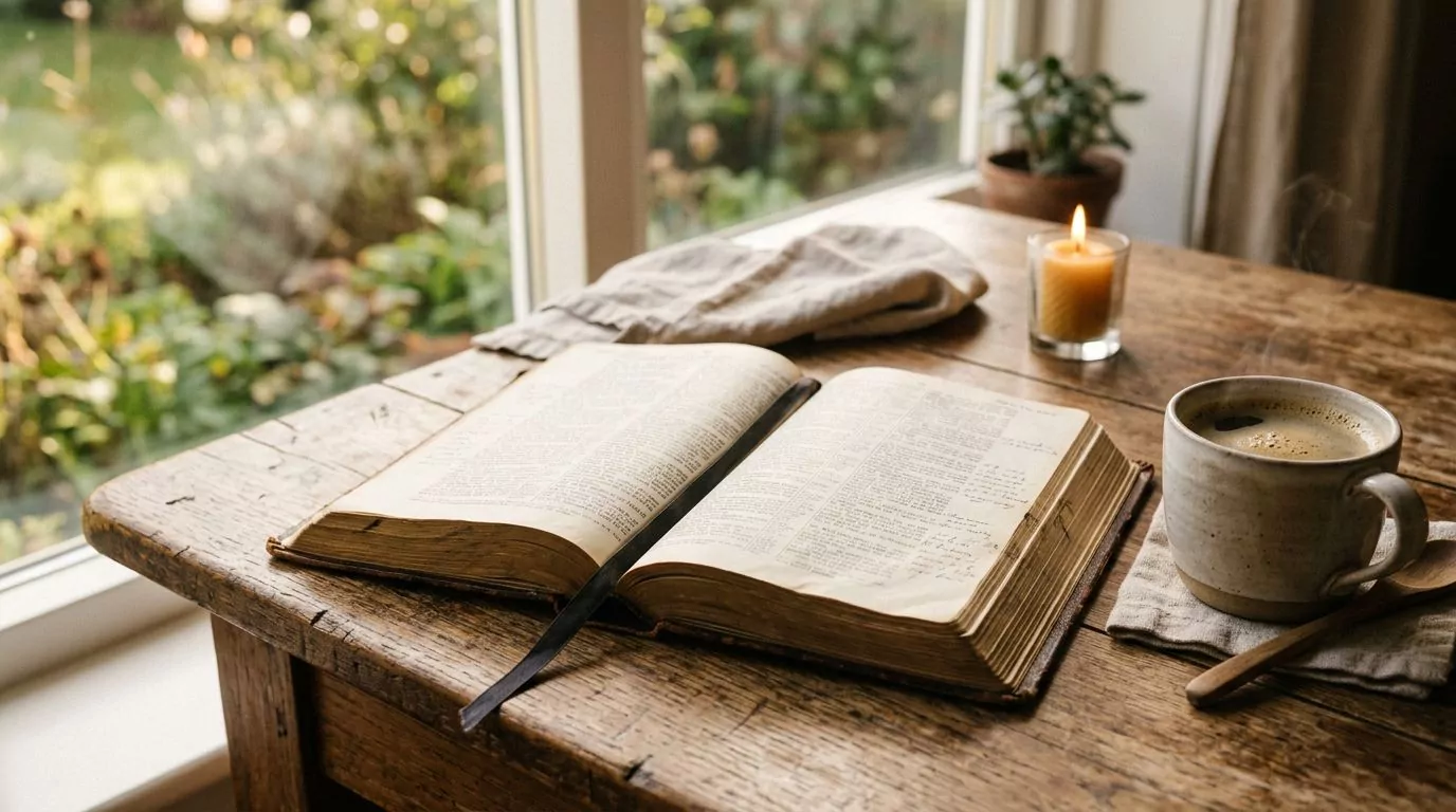 An open Bible on a wooden table with soft morning light and a cup of coffee