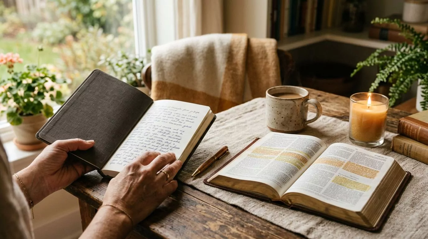 Hands holding a journal next to a Bible with highlighted verses