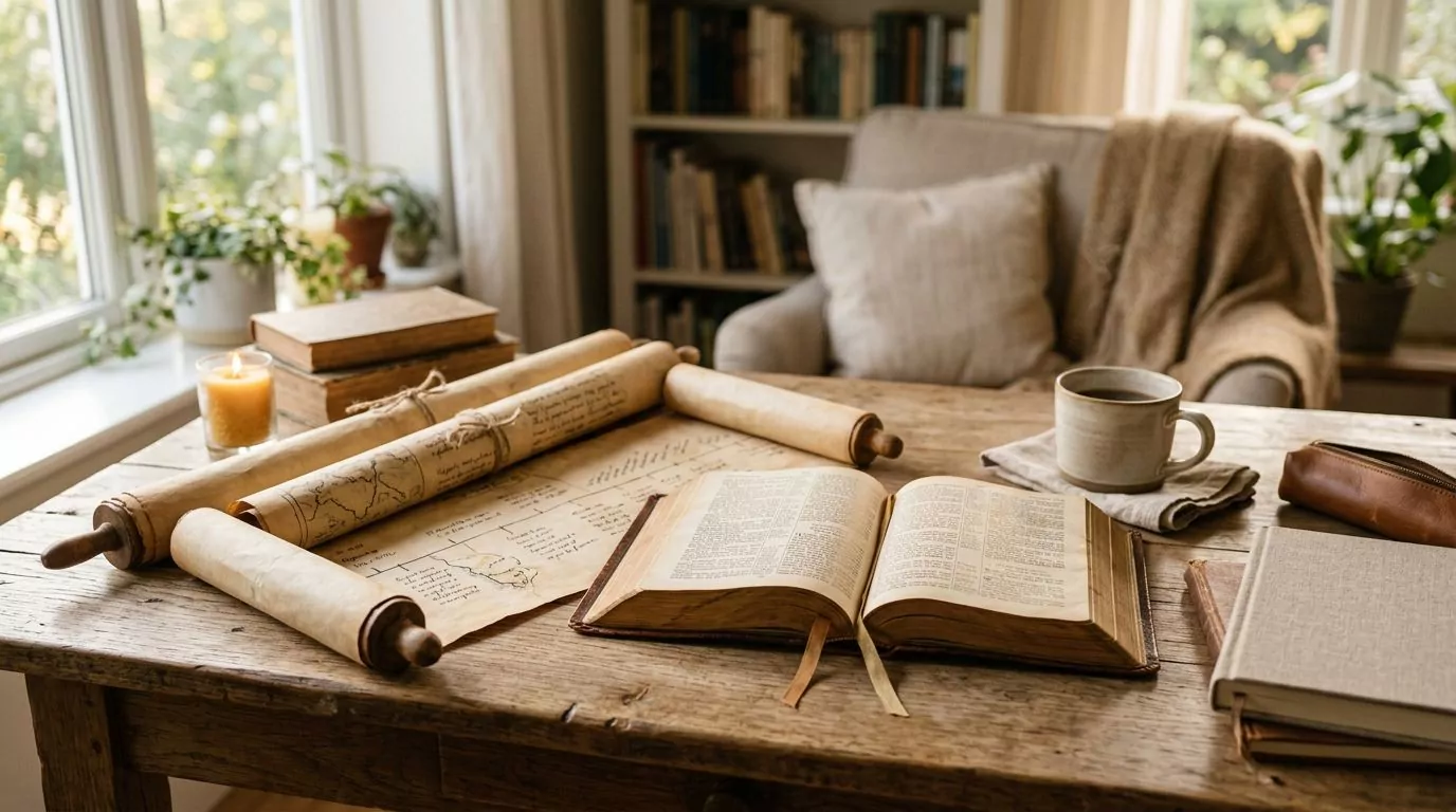 Open Bible with timeline scrolls on wooden desk in warm morning light
