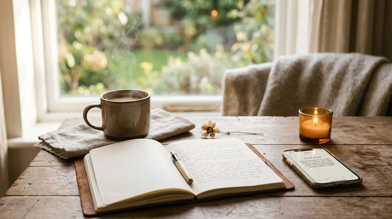 Morning routine with coffee, phone showing Bible app, and journal