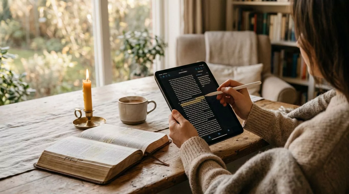Person using a tablet to annotate Bible passages digitally