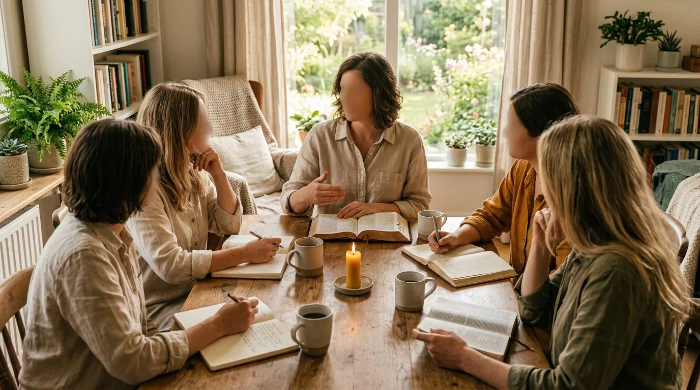 Bible study leader facilitating discussion with engaged group members