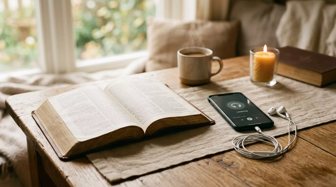 Bible and smartphone with earbuds ready for listening