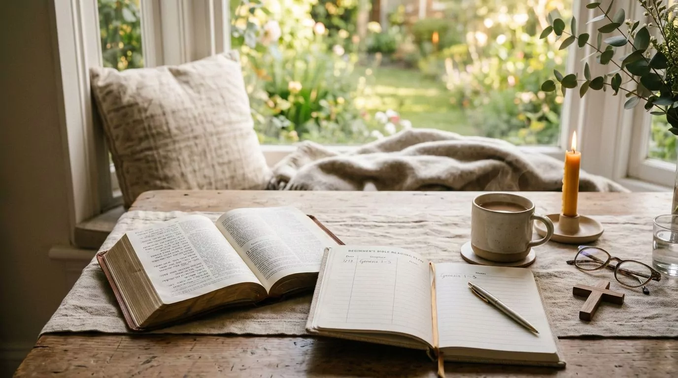 Simple Bible reading plan calendar and notebook showing organized approach to Scripture study for beginners