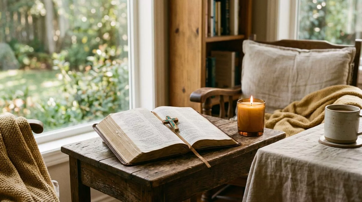 Peaceful meditation corner with open Bible and candle