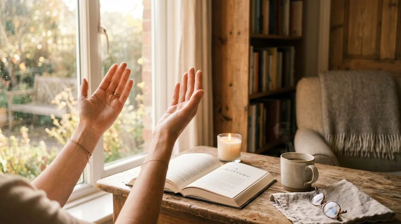 Hands raised in praise and thanksgiving with warm sunlight