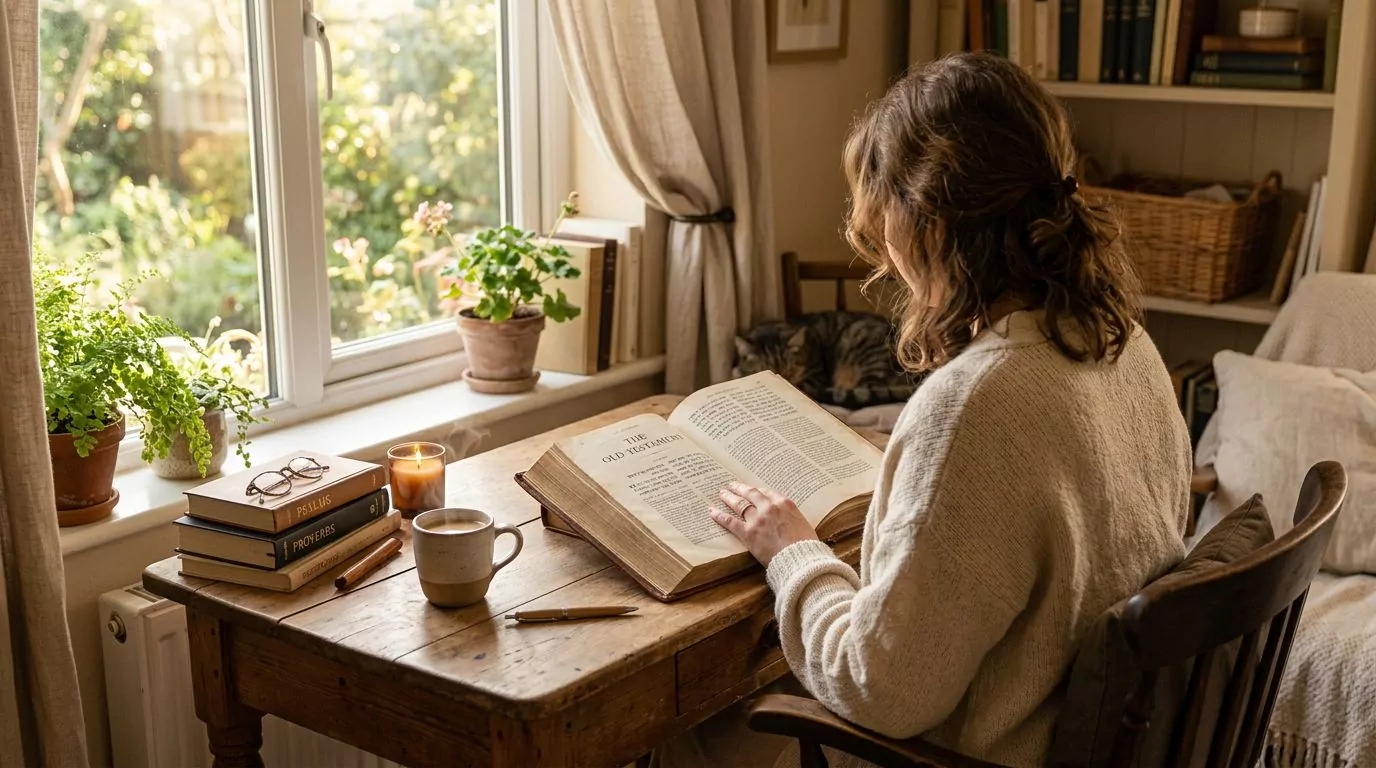 Person reading the Old Testament at a sunlit desk