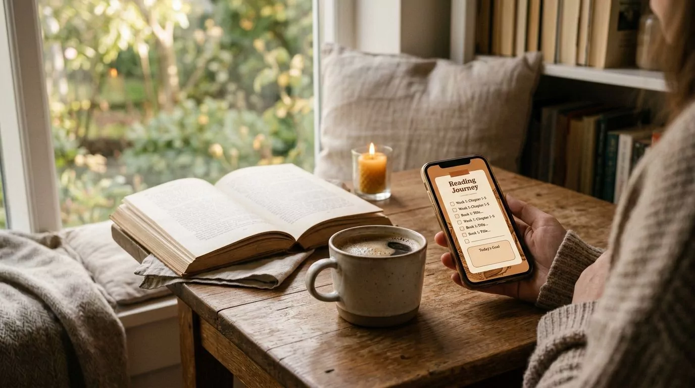 Reading plan checklist on phone with morning coffee