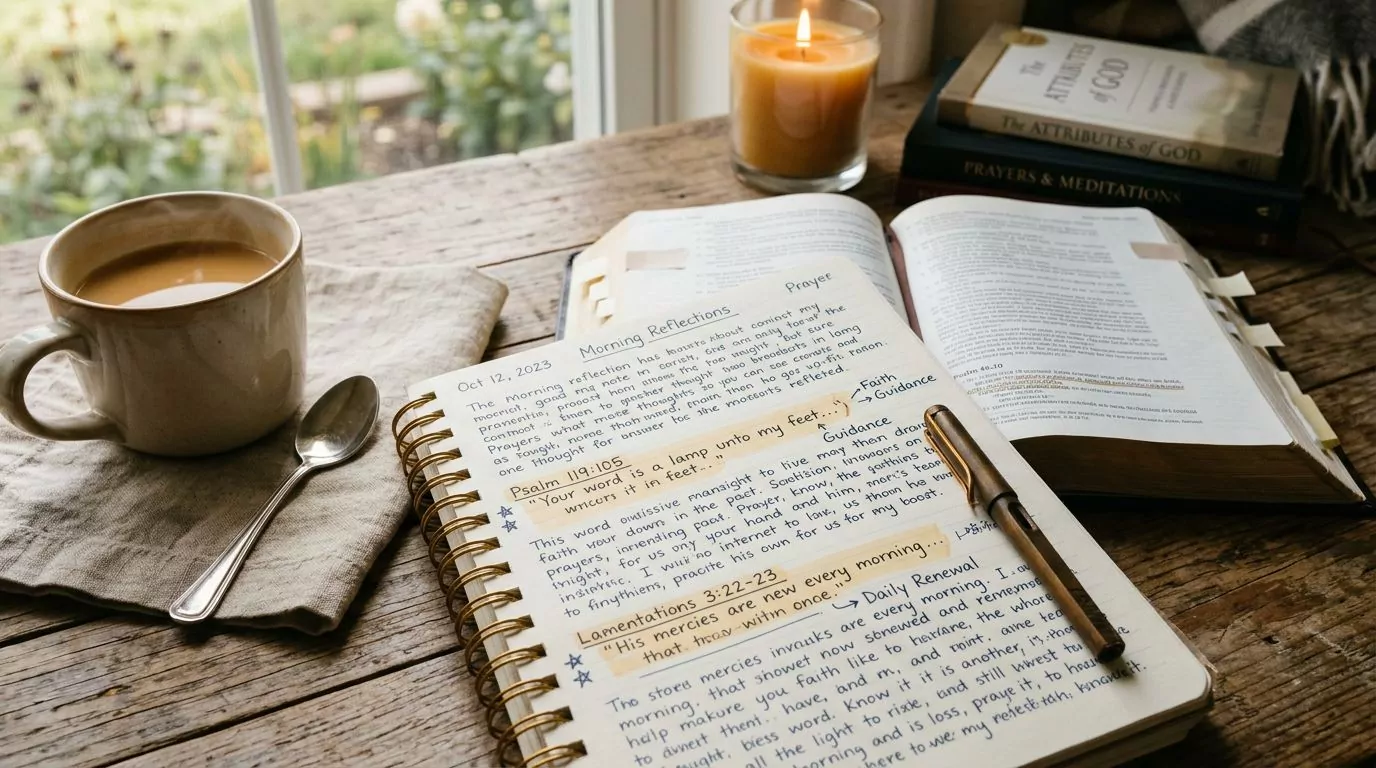 Close-up of handwritten notes in a Bible study notebook with highlighted verses and pen on paper
