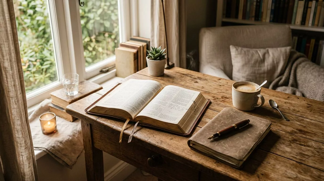 An open Bible on a wooden desk with a journal and pen beside it