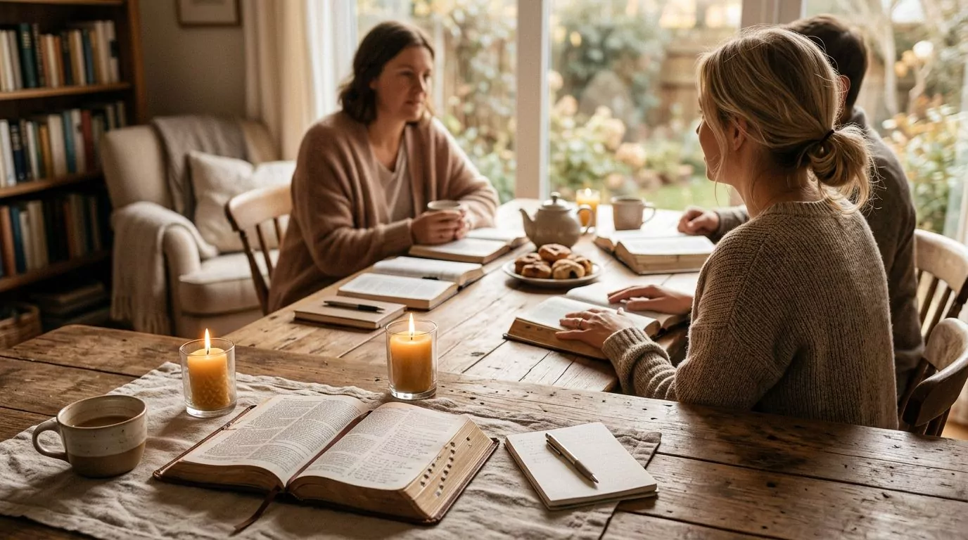 A warm small group Bible study discussion