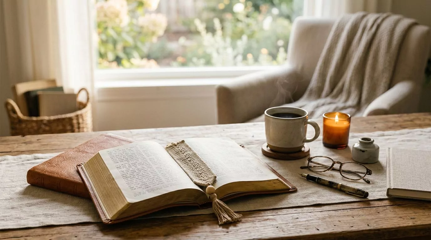 Bible with bookmark and reading supplies on a desk