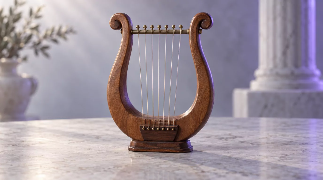 Small wooden lyre on pale stone, for an article on the Selah meaning in the Psalms
