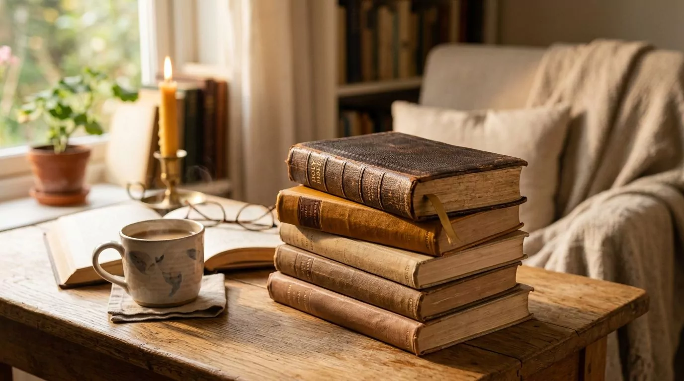 Stack of books with Bible on top in warm lighting