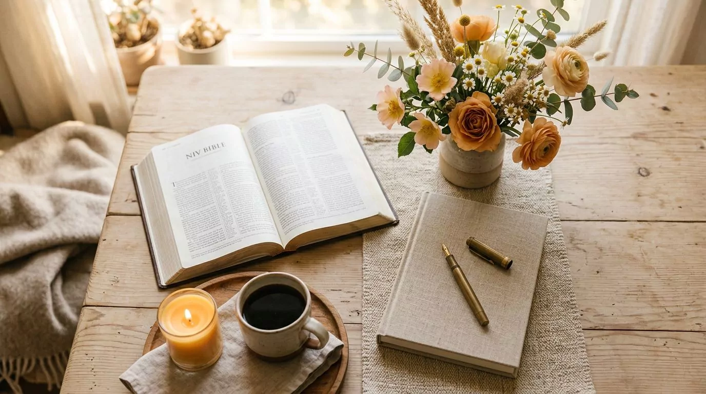 A flat lay of an NIV Bible with a journal, pen, and flowers on a clean table