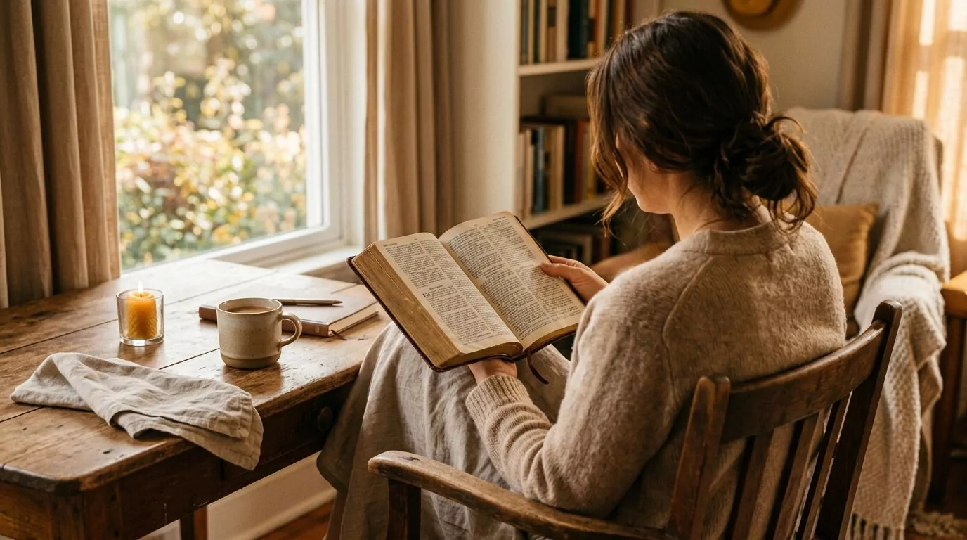 Person reading a Bible in warm morning light