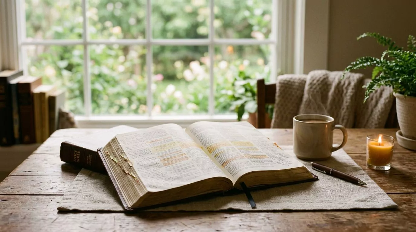 Open Bible with study notes and highlights