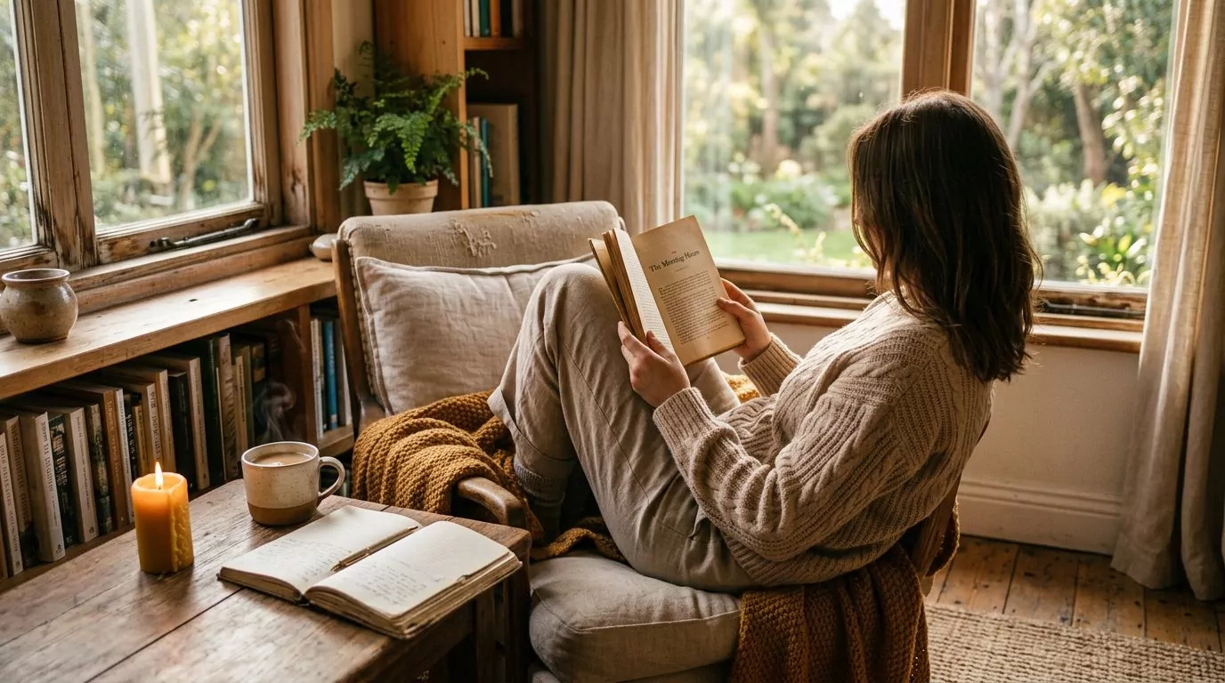 Person reading in a cozy nook with warm lighting