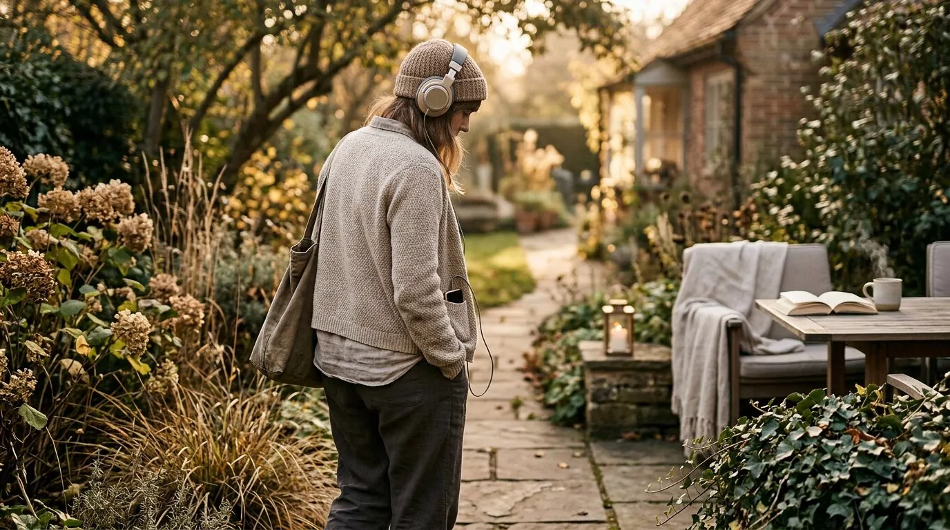 Person listening to audio Bible while walking outdoors
